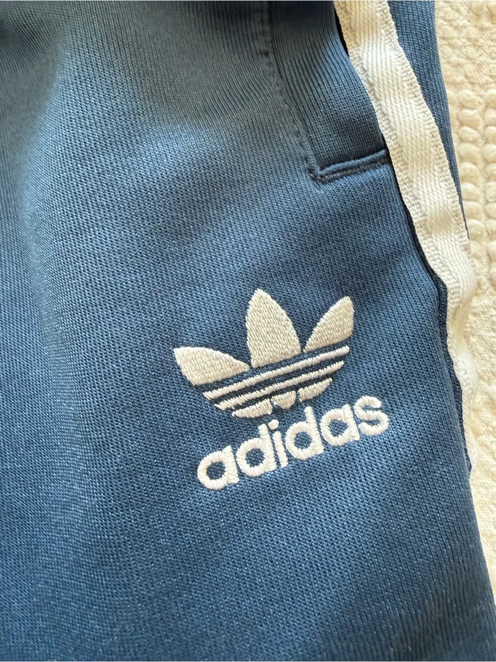 Adidas Originals Blue Joggers with White Three-Stripe Men’s Size Medium